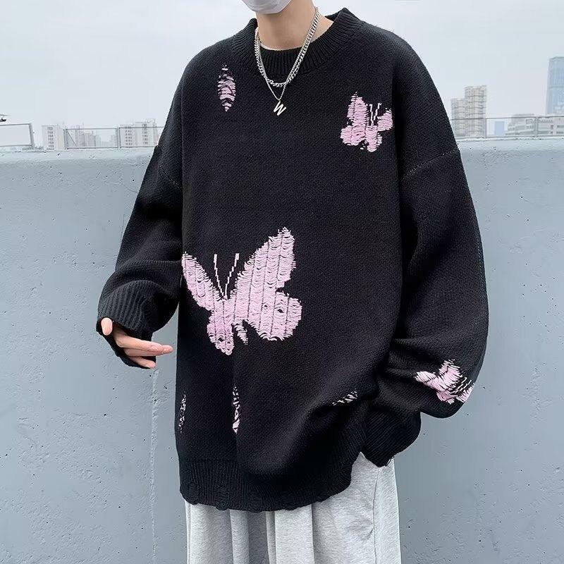 Y2K Fashion Butterfly Distressed Knitted Sweater for Trendy Outfits