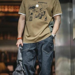 Y2K Fashion Camping Pocket Tee: Vintage-Inspired Grunge Aesthetic Top