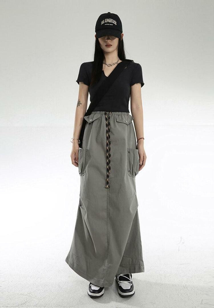 Y2K Fashion Cargo Pockets Parachute Maxi Skirt for Trendy Summer Outfits