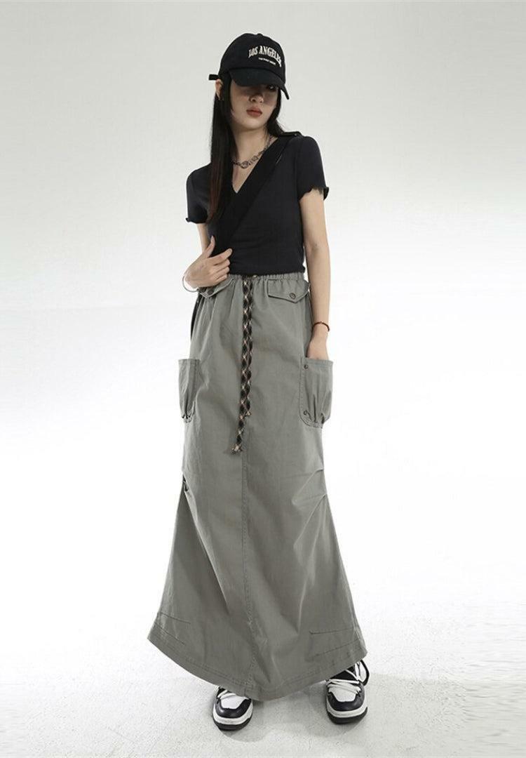 Y2K Fashion Cargo Pockets Parachute Maxi Skirt for Trendy Summer Outfits