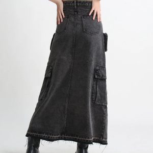 Y2K Fashion Cargo Split Denim Midi Skirt for Trendy Summer Outfits