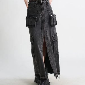 Y2K Fashion Cargo Split Denim Midi Skirt for Trendy Summer Outfits