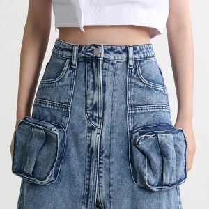 Y2K Fashion Cargo Split Denim Midi Skirt for Trendy Summer Outfits