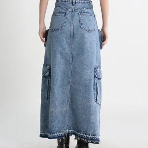 Y2K Fashion Cargo Split Denim Midi Skirt for Trendy Summer Outfits