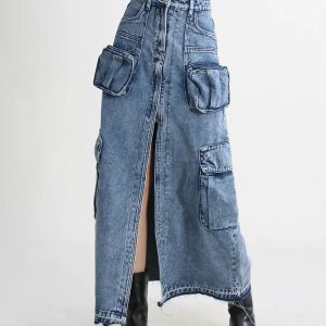 Y2K Fashion Cargo Split Denim Midi Skirt for Trendy Summer Outfits