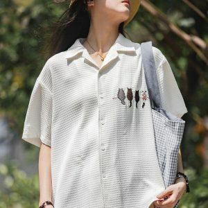 Y2K Fashion Cat Embroidered Shirt - Cute Summer Outfit Essential