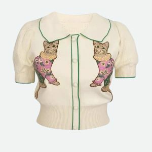 Y2K Fashion Cat Embroidered Sweater - Cute Grunge Aesthetic Top