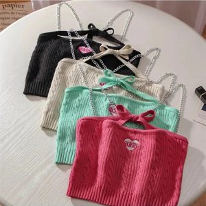 Y2K Fashion Chain Strap Knitted Crop Top for Trendy Summer Outfits