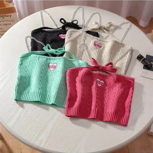 Y2K Fashion Chain Strap Knitted Crop Top for Trendy Summer Outfits