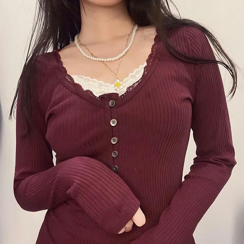 Y2K Fashion Corduroy Lace Trim Top: Vintage-Inspired Cute Outfit