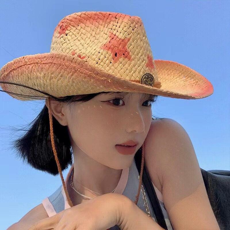 Y2K Fashion Cowgirl Adjustable Woven Straw Hat for Summer Outfits