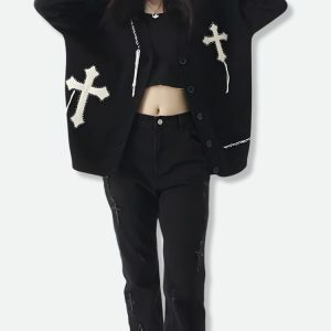 Y2K Fashion Cross Patch Cardigan: Trendy Layering for Summer Outfits