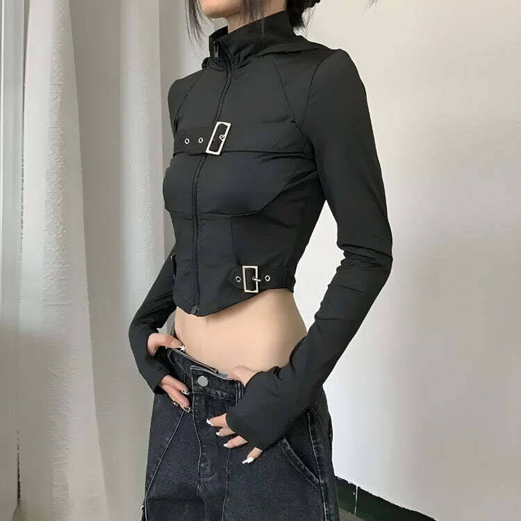 Y2K Fashion Cyberpunk Belted Zip-Up Crop Jacket for Trendy Outfits