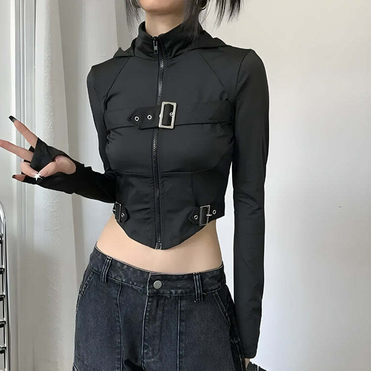 Y2K Fashion Cyberpunk Belted Zip-Up Crop Jacket for Trendy Outfits