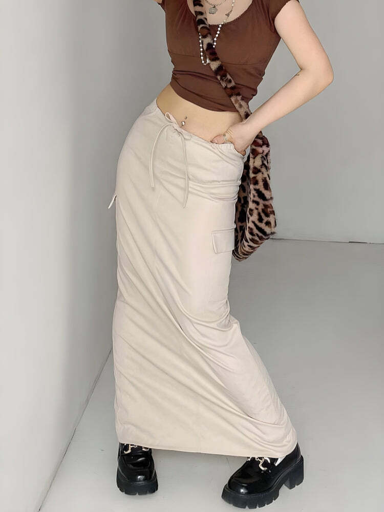 Y2K Fashion Drawstring Waist Parachute Maxi Skirt for Effortless Style