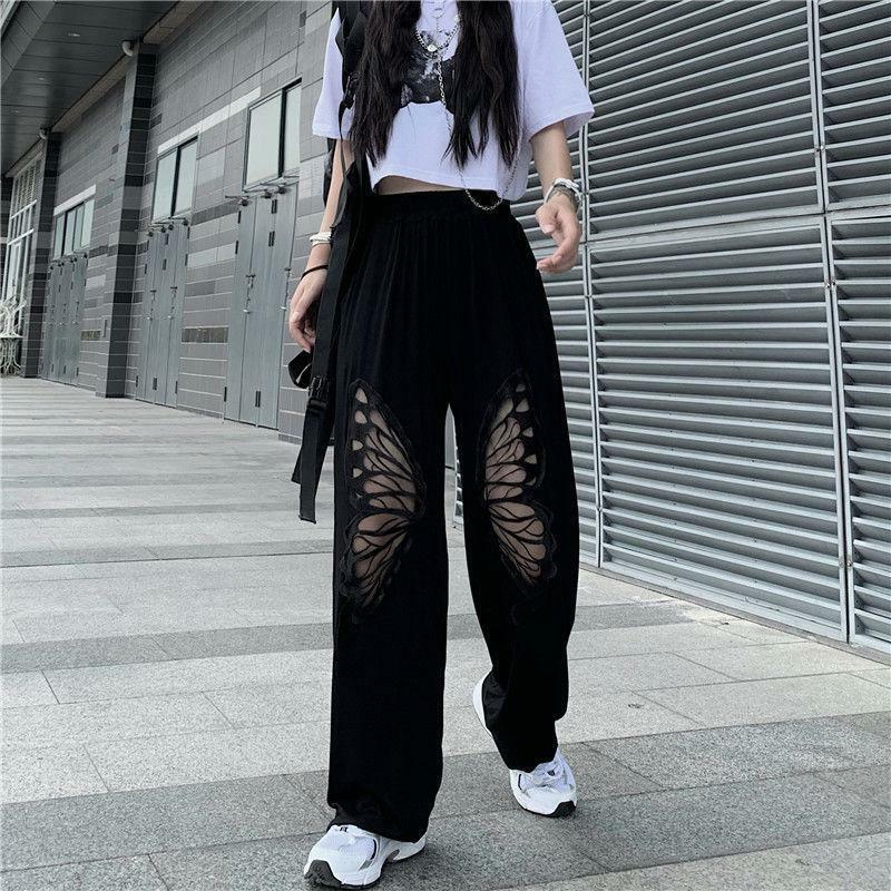 Y2K Fashion Elasticated Waist Butterfly Cut-Out Cargo Pants for Summer