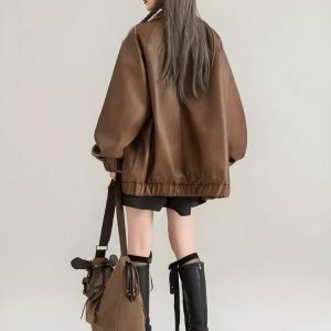 Y2K Fashion Faux Leather Oversized Jacket for Grunge and 90s Outfits