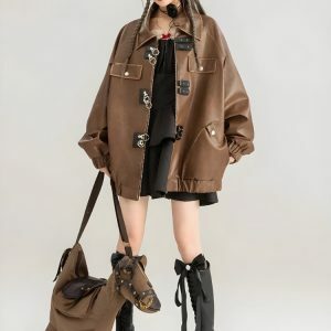 Y2K Fashion Faux Leather Oversized Jacket for Grunge and 90s Outfits