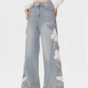 Y2K Fashion Fluffy Heart Butterfly Baggy Jeans for a Cute Summer Look