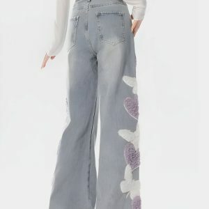 Y2K Fashion Fluffy Heart Butterfly Baggy Jeans for a Cute Summer Look