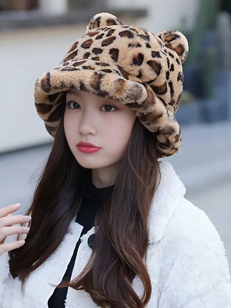 Y2K Fashion Leopard Ear Plush Hat for Cute Summer Outfits and Aesthetic Looks