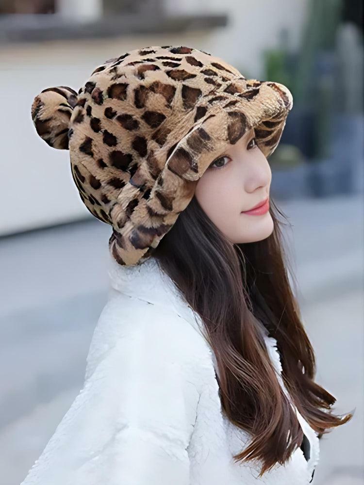 Y2K Fashion Leopard Ear Plush Hat for Cute Summer Outfits and Aesthetic Looks