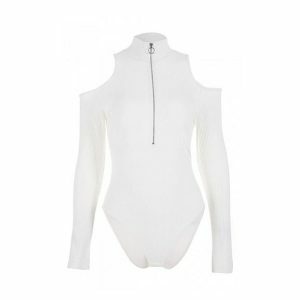 Y2K Fashion Long Sleeve Zip Front Bodysuit for Trendy Summer Outfits