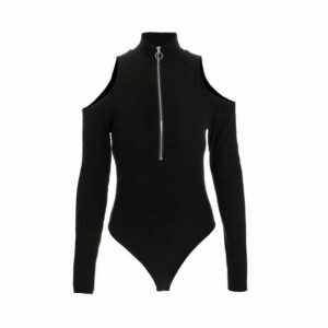 Y2K Fashion Long Sleeve Zip Front Bodysuit for Trendy Summer Outfits