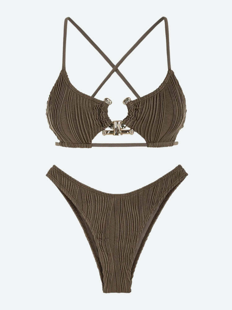 Y2K Fashion Metal Hardware Criss Cross Bikini Set for Summer Vibes