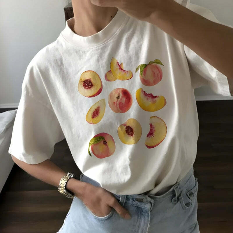 Y2K Fashion Peaches Tee: Trendy Summer Outfit for a Chic Look