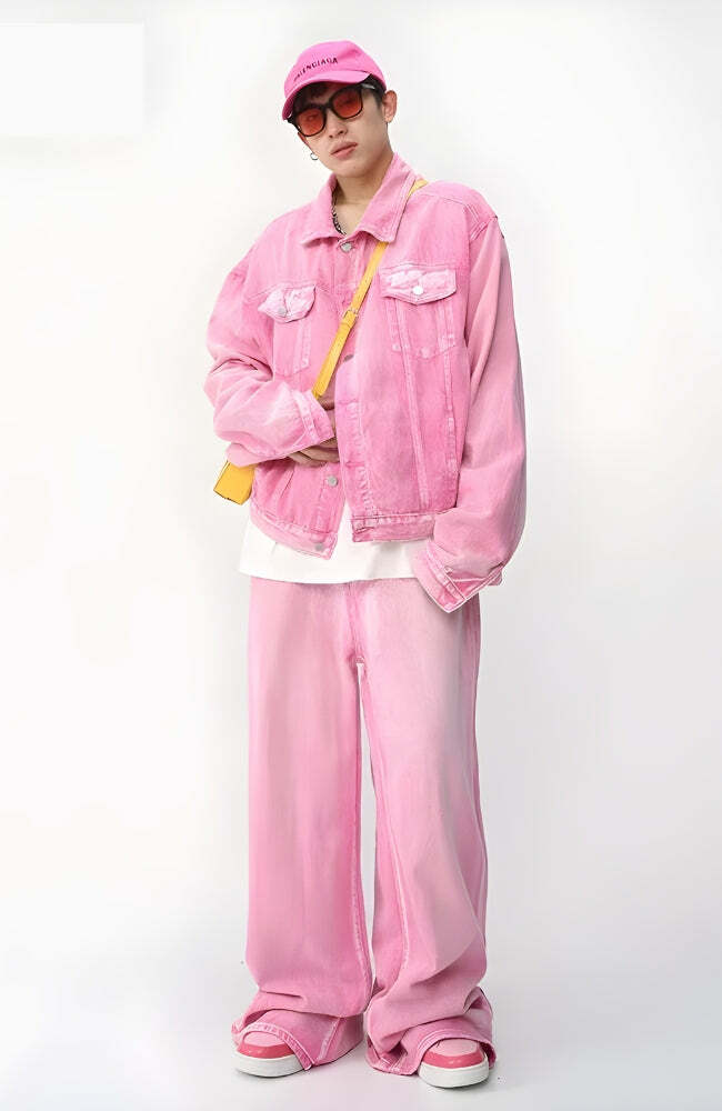 Y2K Fashion Pink Denim Jacket & Pants Set for Trendy Summer Outfits