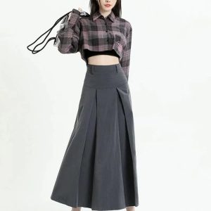 Y2K Fashion Pleated A-Line Midi Skirt for Trendy Summer Outfits