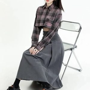 Y2K Fashion Pleated A-Line Midi Skirt for Trendy Summer Outfits