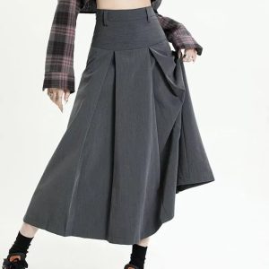 Y2K Fashion Pleated A-Line Midi Skirt for Trendy Summer Outfits