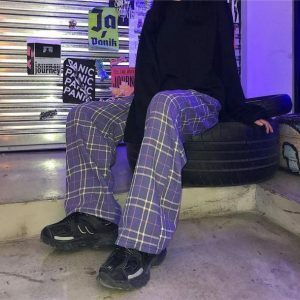 Y2K Fashion Purple Checkerboard Cargo Pants for Trendy Summer Outfits