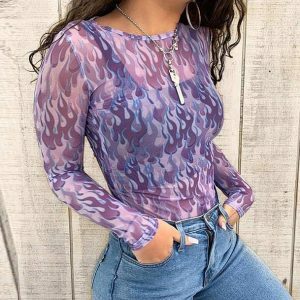 Y2K Fashion Purple Flames Crop Top - Trendy Summer Aesthetic Outfit