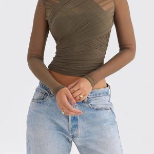 Y2K Fashion Ruched Sheer Zip-Up Mesh Top for Trendy Summer Outfits