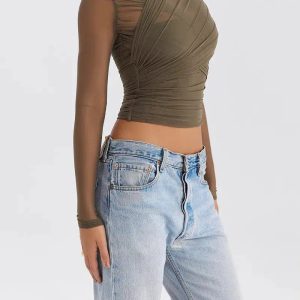 Y2K Fashion Ruched Sheer Zip-Up Mesh Top for Trendy Summer Outfits