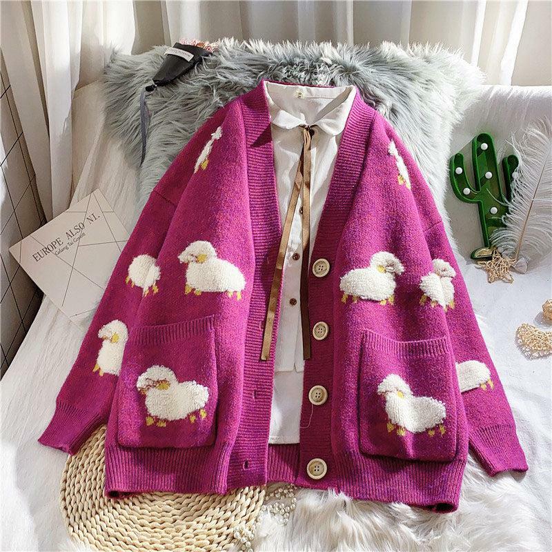 Y2K Fashion Sheep Embroidery Knitted Cardigan for Cozy Summer Outfits