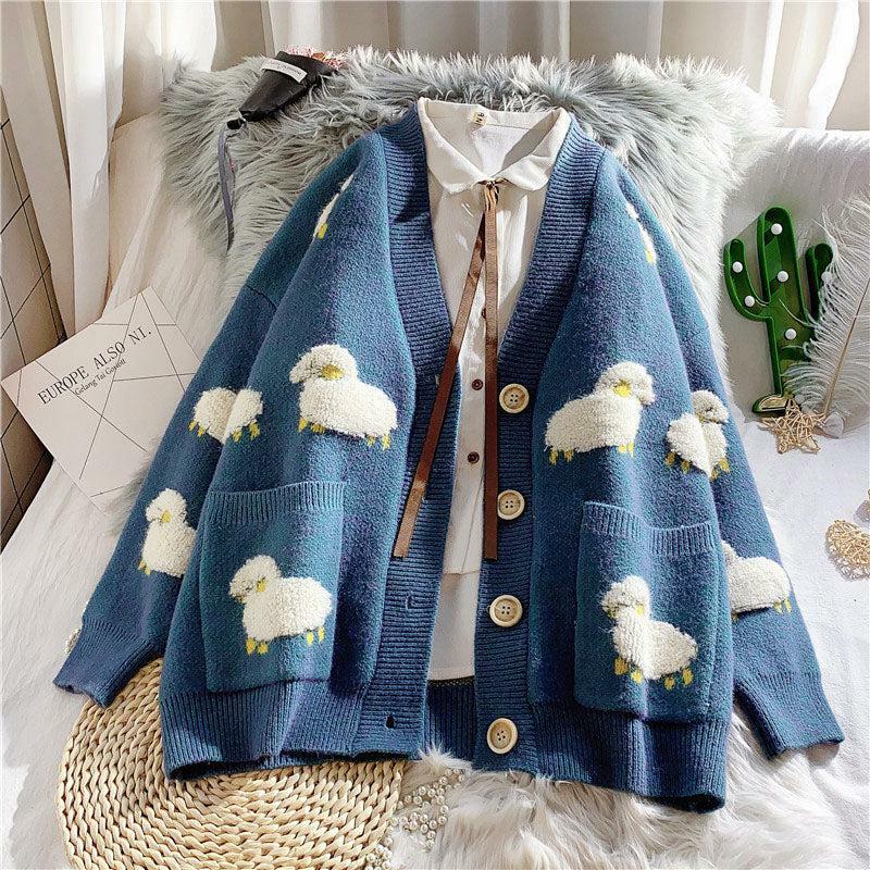 Y2K Fashion Sheep Embroidery Knitted Cardigan for Cozy Summer Outfits