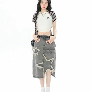 Y2K Fashion Star Patchwork Midi Skirt for Trendy Summer Outfits