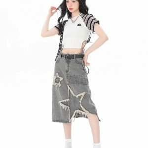 Y2K Fashion Star Patchwork Midi Skirt for Trendy Summer Outfits