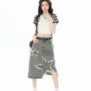 Y2K Fashion Star Patchwork Midi Skirt for Trendy Summer Outfits