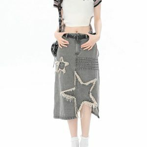 Y2K Fashion Star Patchwork Midi Skirt for Trendy Summer Outfits