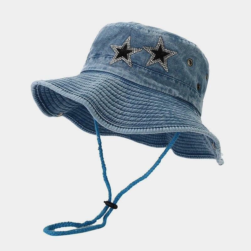 Y2K Fashion Star Printed Denim Trucker Hat for a Retro Cowgirl Look