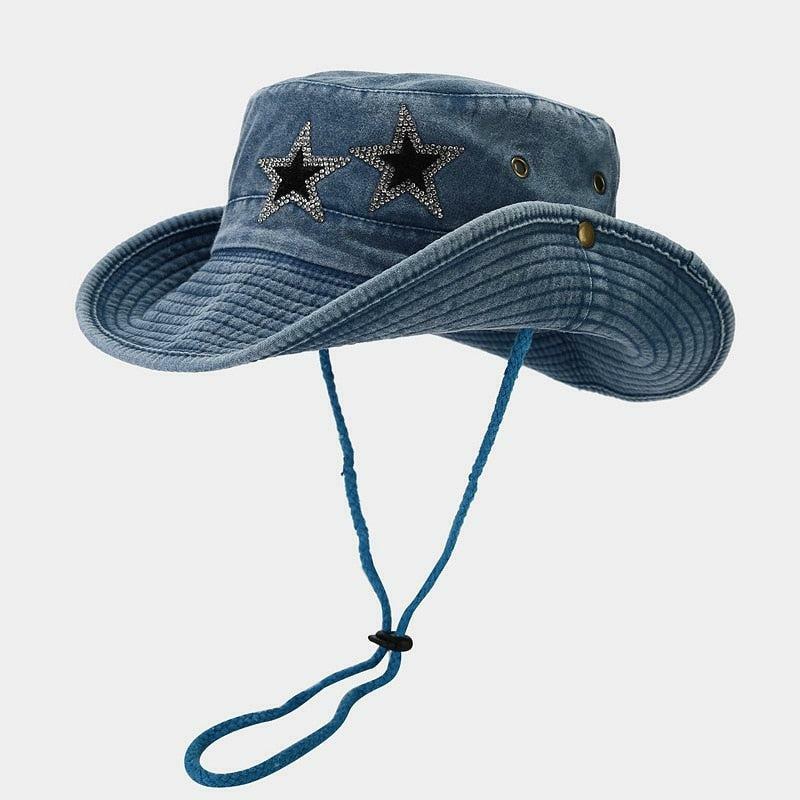 Y2K Fashion Star Printed Denim Trucker Hat for a Retro Cowgirl Look