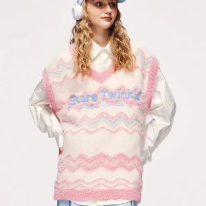 Y2K Fashion Stars Twinkle Fluffy Sweater Vest for Cozy Summer Outfits