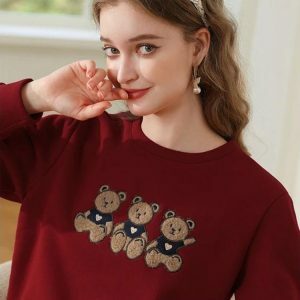 Y2K Fashion Teddy Bears Embroidered Sweatshirt for Cute Outfits