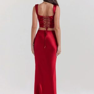 Y2K Fashion Wine Satin Corset Top & Maxi Skirt Set for Summer Vibes