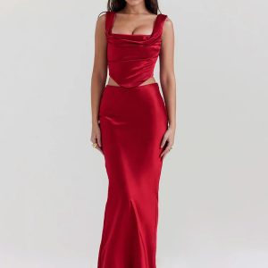 Y2K Fashion Wine Satin Corset Top & Maxi Skirt Set for Summer Vibes